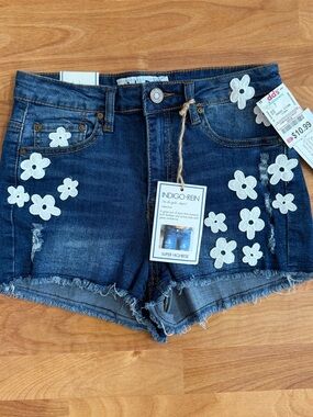 Indigo Rein Dark Blue Denim Floral Appliqué High-Rise Shorts (Juniors)